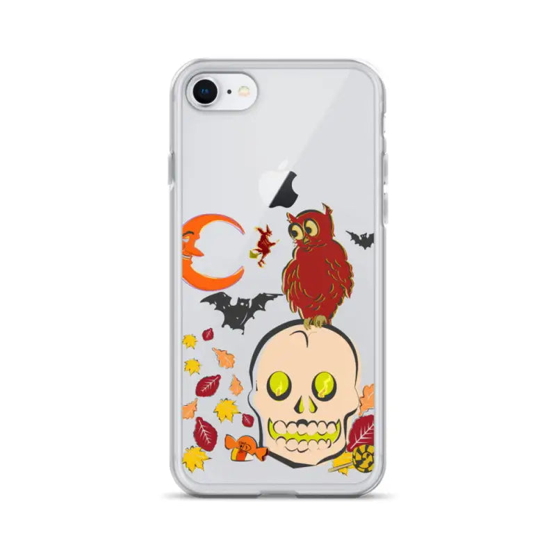 Clear iPhone case with Halloween skull, red owl, bats, and leaves from Haunted Harvest collection