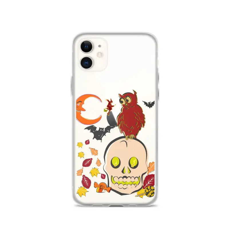 Halloween-themed iPhone case with skull, owl, bats, and autumn leaves for Haunted Harvest