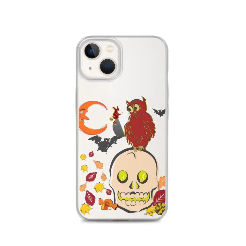 Clear iPhone 13 case with cartoonish skull and Halloween art for Haunted Harvest style