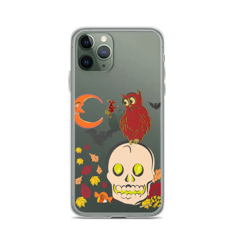 Halloween-themed iPhone case featuring a cartoonish skull, owl, and autumn leaves for Haunted Harvest