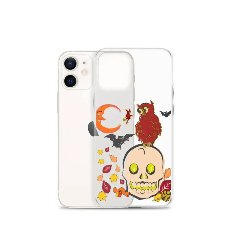 Clear iPhone case featuring cartoonish skull, owl, bats, and leaves for Haunted Harvest