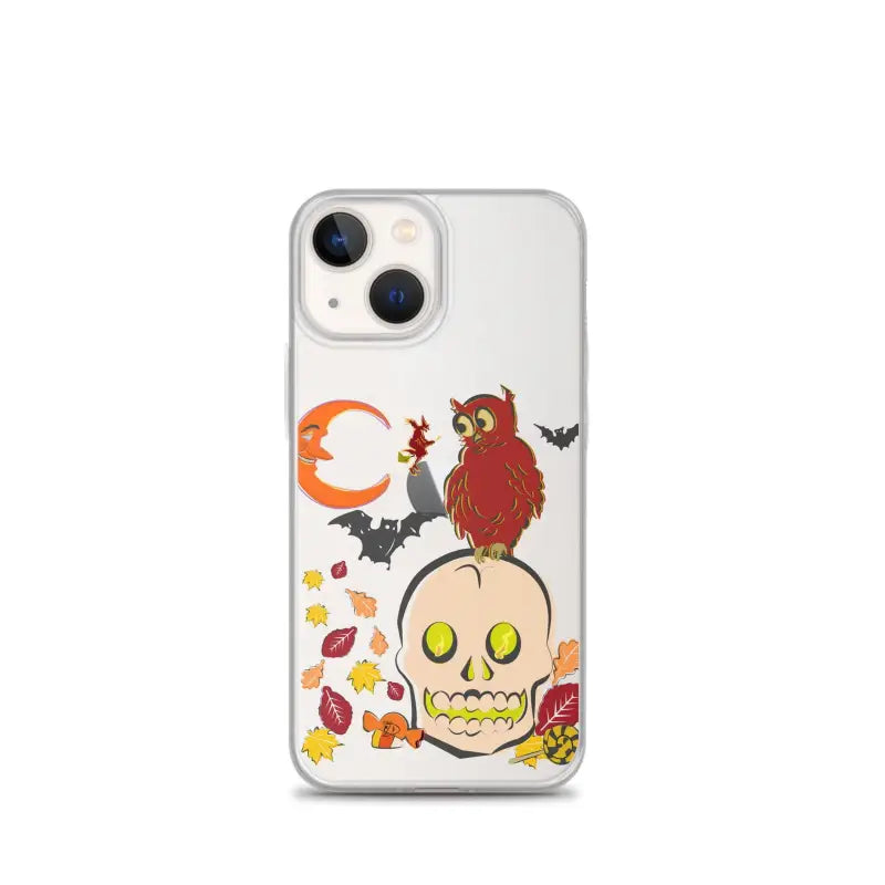 Clear phone case with haunted harvest artwork of a cartoonish skull and autumn motifs