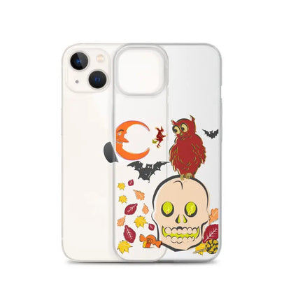 Clear phone case featuring Halloween skull, owl, bats, and leaves for Haunted Harvest