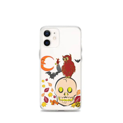 Clear iPhone case with Halloween artwork, featuring a cartoonish skull and autumn leaves