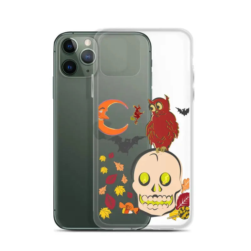 Clear phone case with Halloween skull, owl, and leaves design for Haunted Harvest celebration