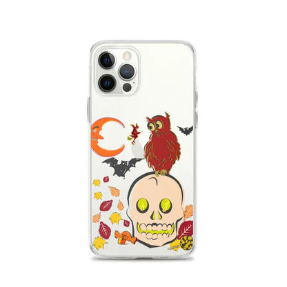 Halloween-themed iPhone case with skull, owl, bats, and autumn leaves in Haunted Harvest Clear design