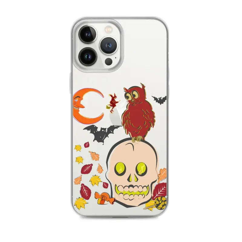 Clear iPhone case with haunted harvest artwork featuring a cartoonish skull and autumn leaves