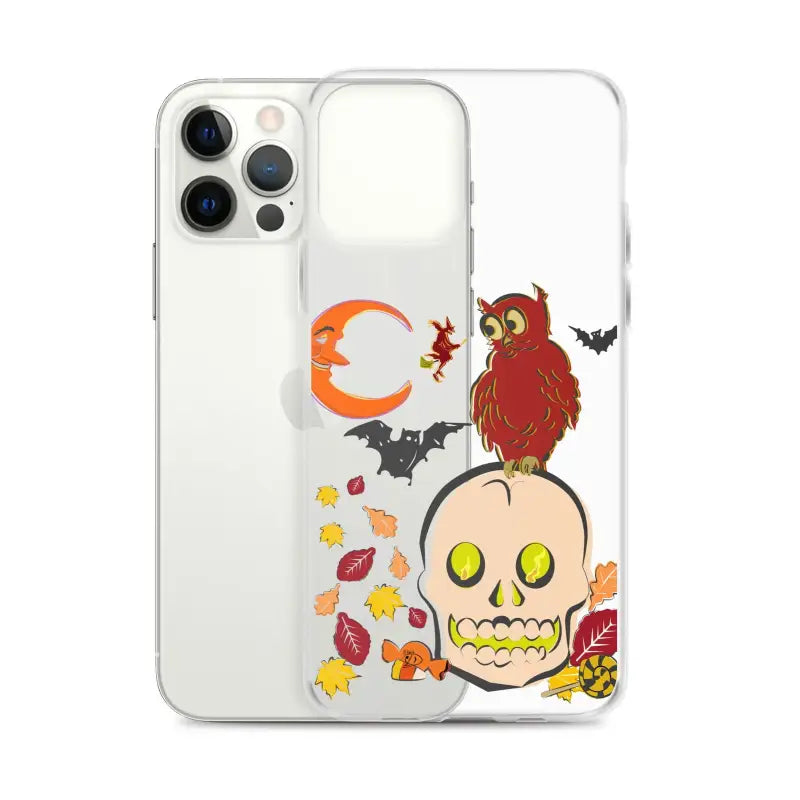 Clear iPhone case with Halloween skull, owl, bats, and leaves for Haunted Harvest