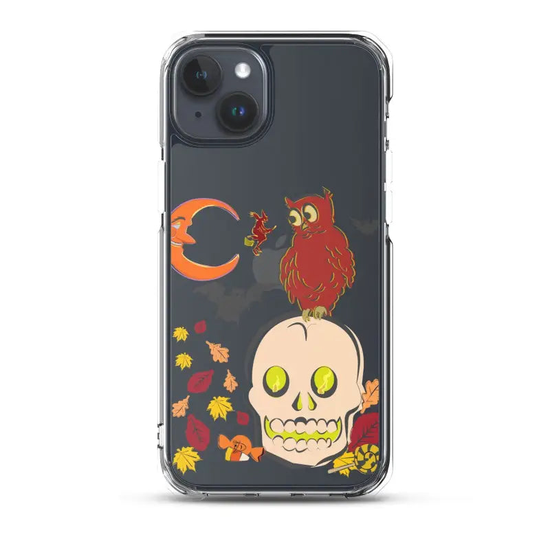 Clear phone case featuring Halloween owl on skull with leaves and moon for Haunted Harvest