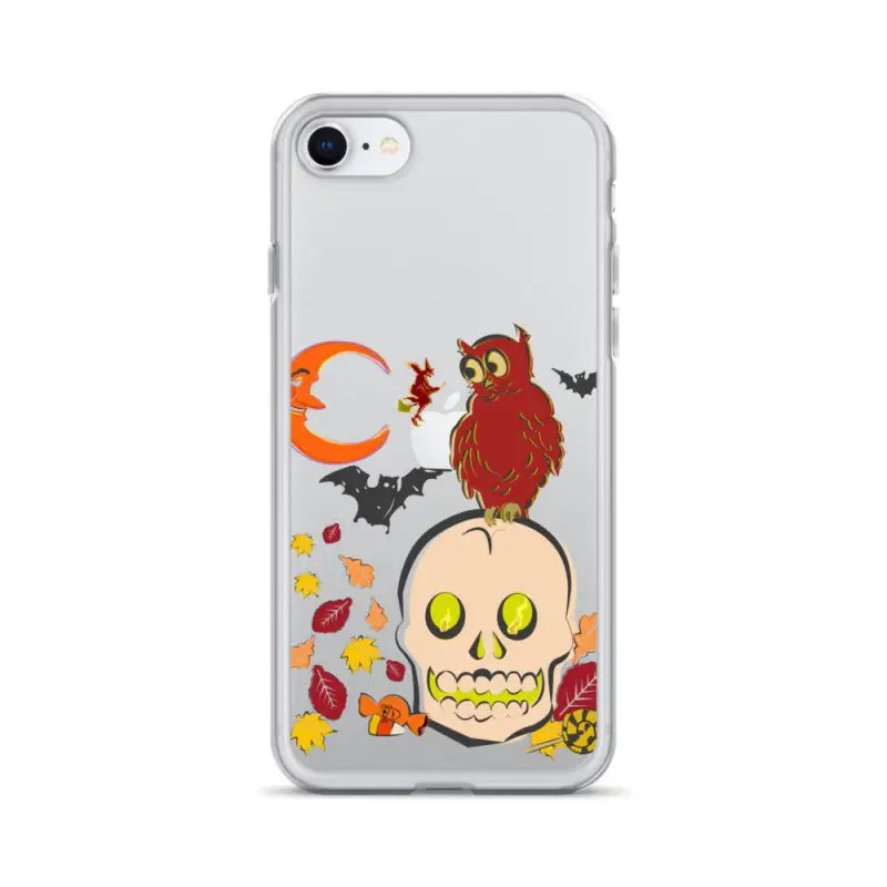 Clear iPhone case featuring haunted harvest Halloween art with a cartoonish skull and bats