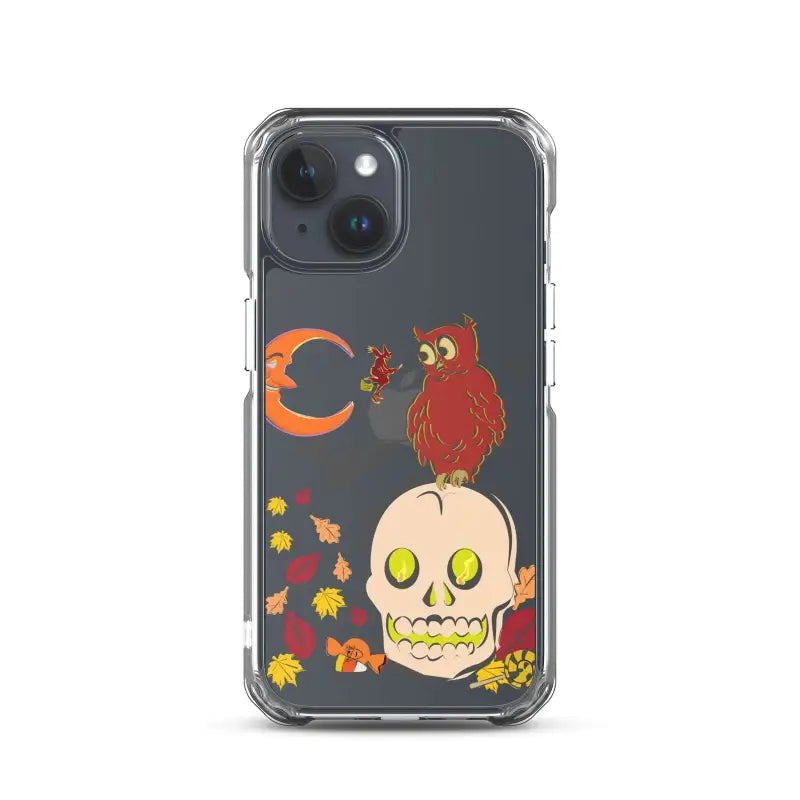 Clear phone case adorned with Halloween art, featuring a cartoonish skull for Haunted Harvest