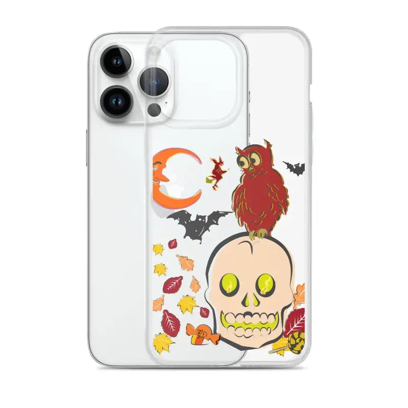 Haunted Harvest Clear Case featuring skull, owl, bats, and autumn leaves artwork