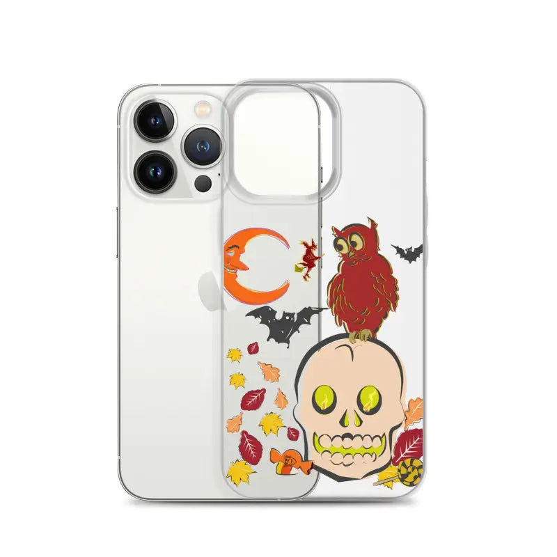 Clear iPhone case with Halloween-themed skull, owl, bats, and leaves for Haunted Harvest