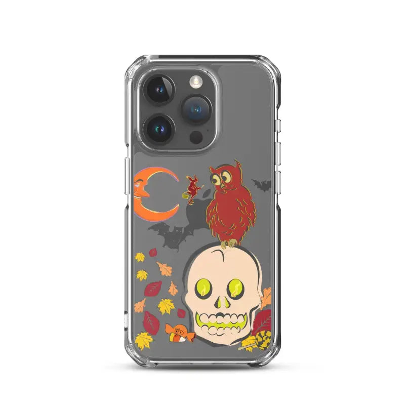 Clear phone case with Halloween skull, owl, and leaves, ideal for Haunted Harvest celebrations