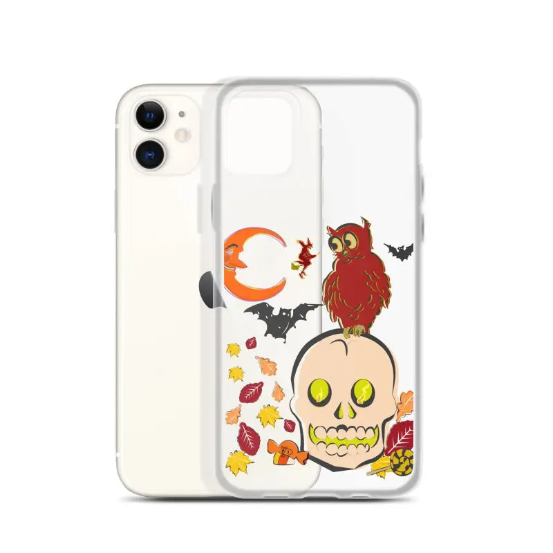 Clear iPhone case featuring cartoonish skull, owl, bats, and autumn leaves for Haunted Harvest