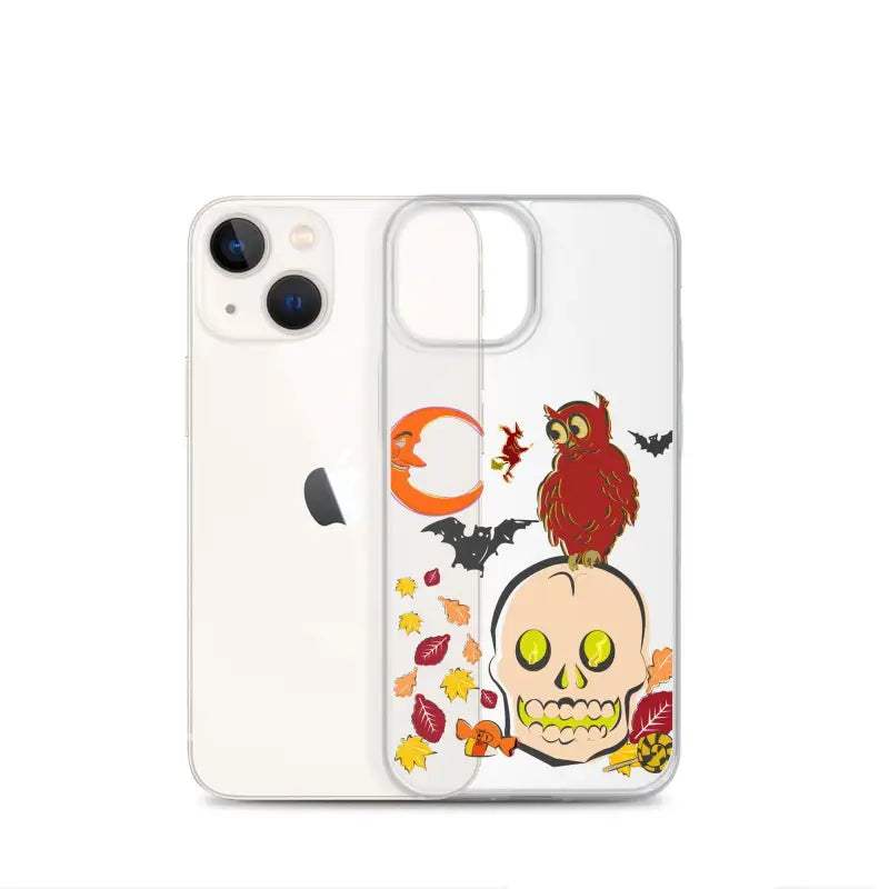 Clear iPhone case with Halloween skull, owl, bats, and leaves for Haunted Harvest