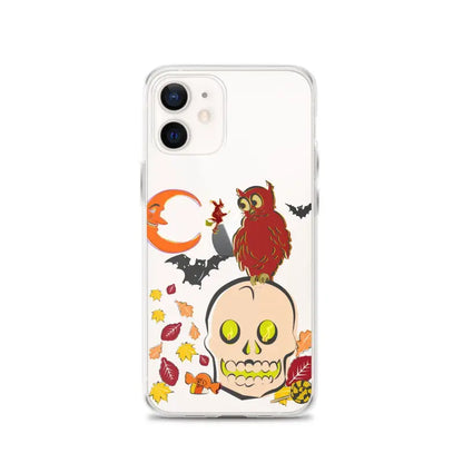 Clear iPhone case featuring haunted harvest artwork with cartoonish skull, owl, and bats