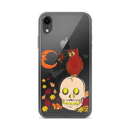 Clear iPhone case with haunted harvest design featuring cartoonish skull, owl, and leaves