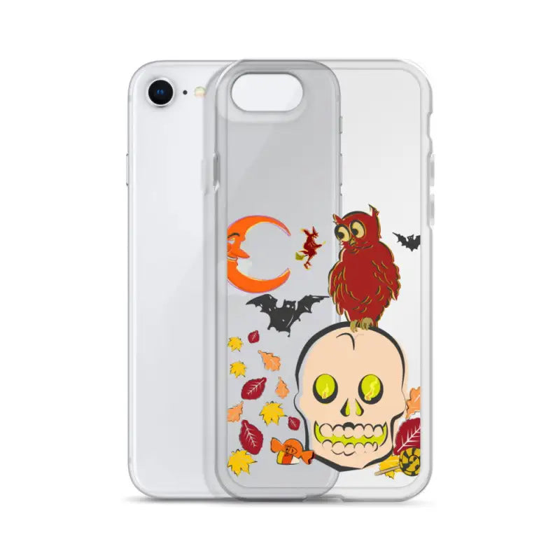 Clear iPhone case featuring cartoonish skull, owl, bats, and leaves for Haunted Harvest