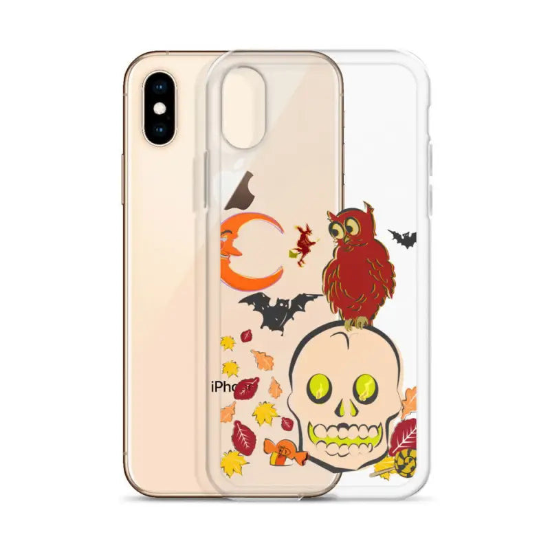 Clear phone case with Halloween designs, featuring skull, owl, bats, and leaves for Haunted Harvest