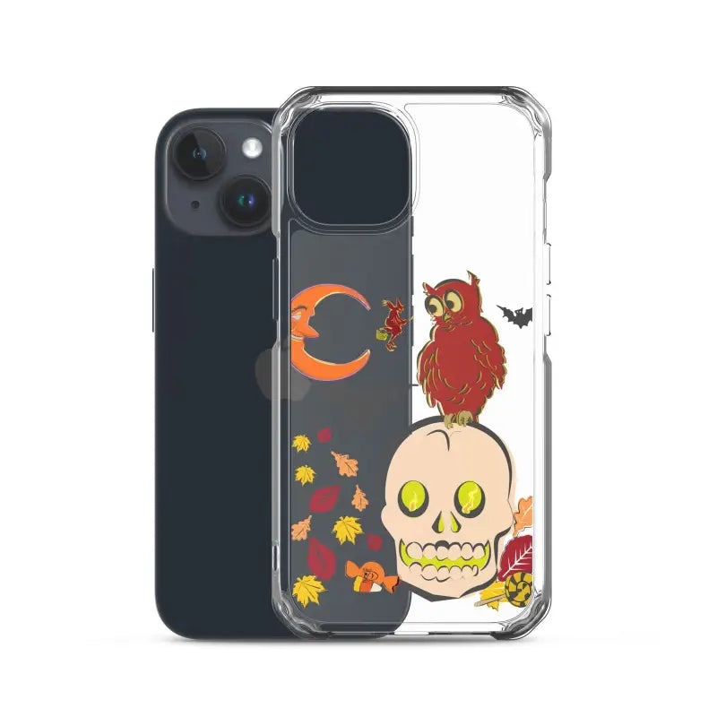 Clear phone case featuring Halloween skull, owl, and autumn leaves for Haunted Harvest