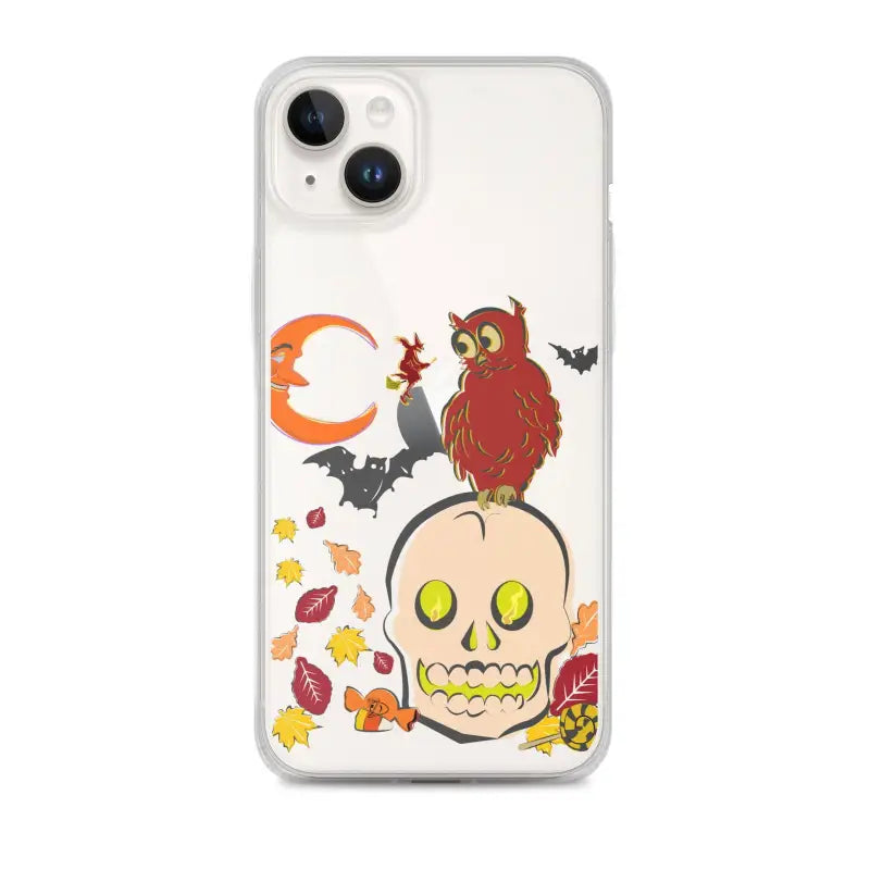 Clear phone case showcasing Halloween artwork with skull, owl, bats, and autumn leaves