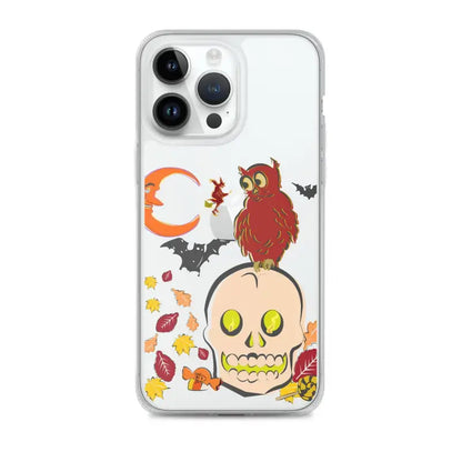 Clear iPhone case featuring cartoonish skull, owl, bats, and leaves for Haunted Harvest