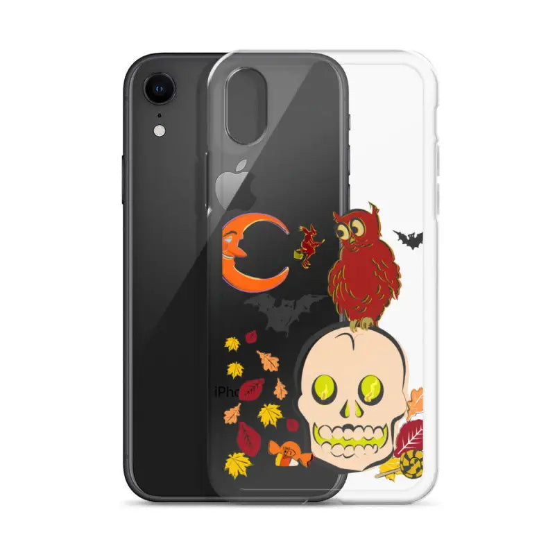 Clear iPhone case with Halloween skull, red owl, and autumn leaves in Haunted Harvest design