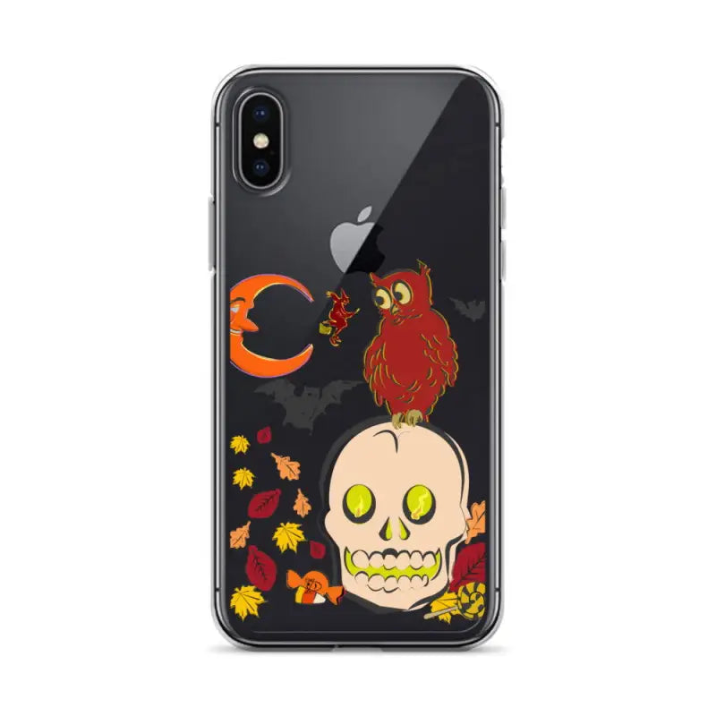 Clear iPhone case featuring cartoonish skull, owl, and autumn leaves for Haunted Harvest