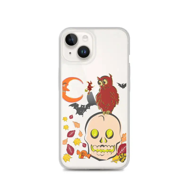 Clear iPhone case featuring Halloween skull, owl, bats, and leaves from Haunted Harvest collection