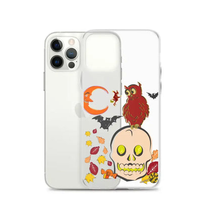 Clear iPhone case featuring cartoonish skull, owl, bats, and autumn leaves for Haunted Harvest