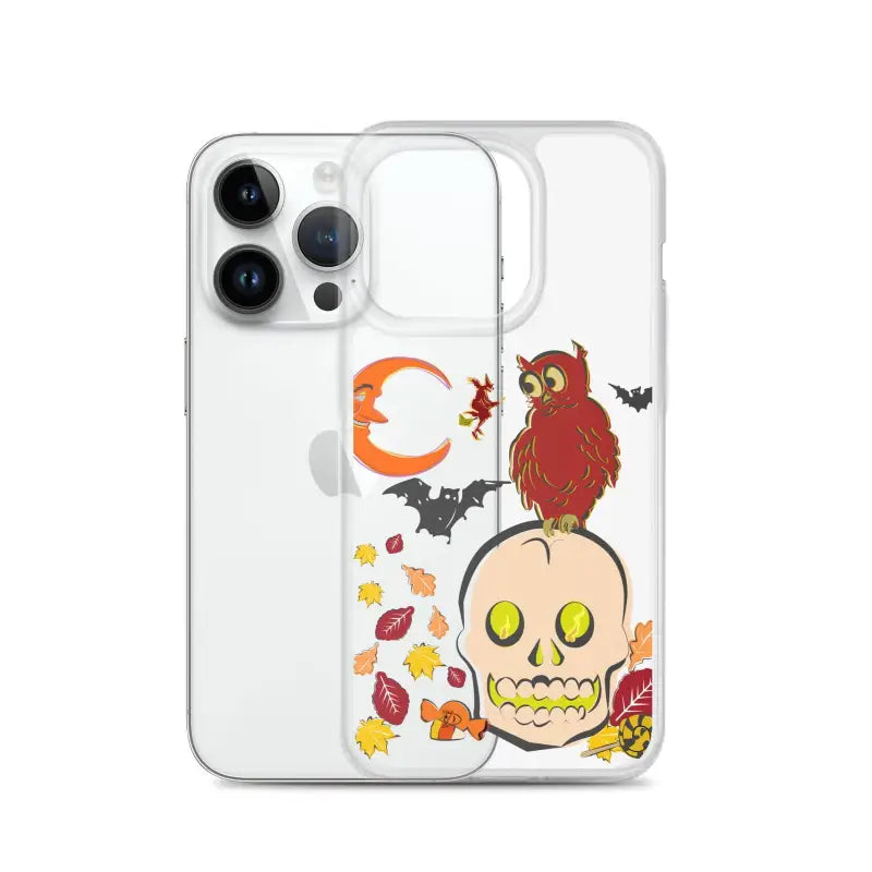 Clear iPhone case with Halloween skull, owl, bats, and leaves for Haunted Harvest celebration