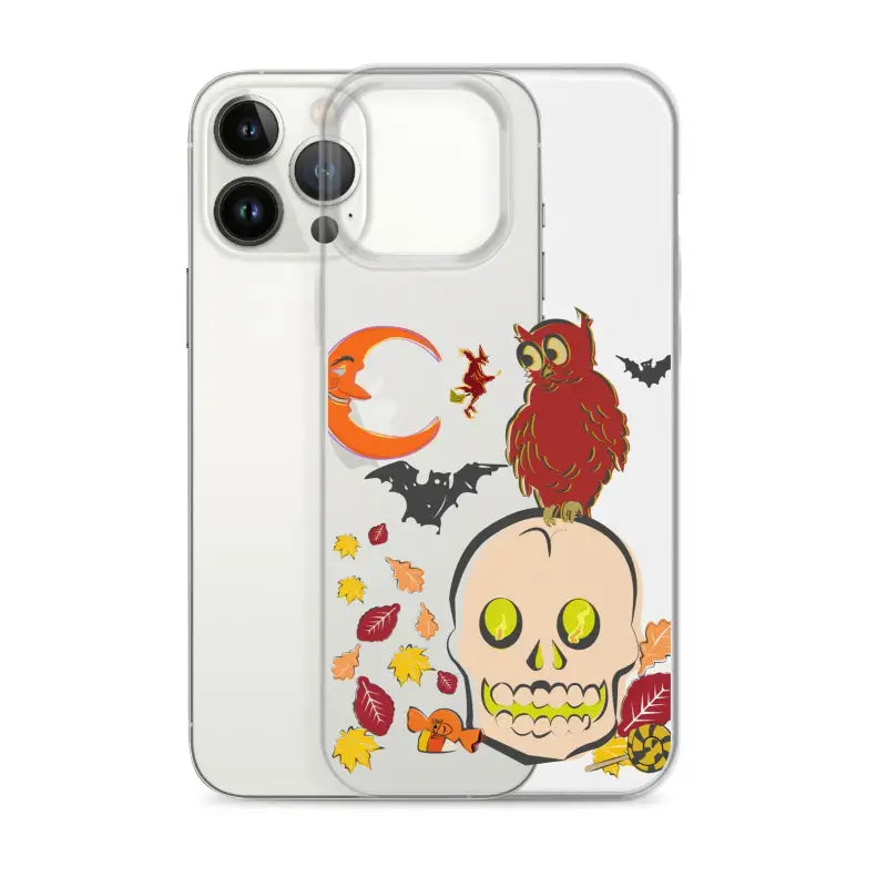 Clear phone case with cartoonish skull, owl, bats, and autumn leaves for Haunted Harvest