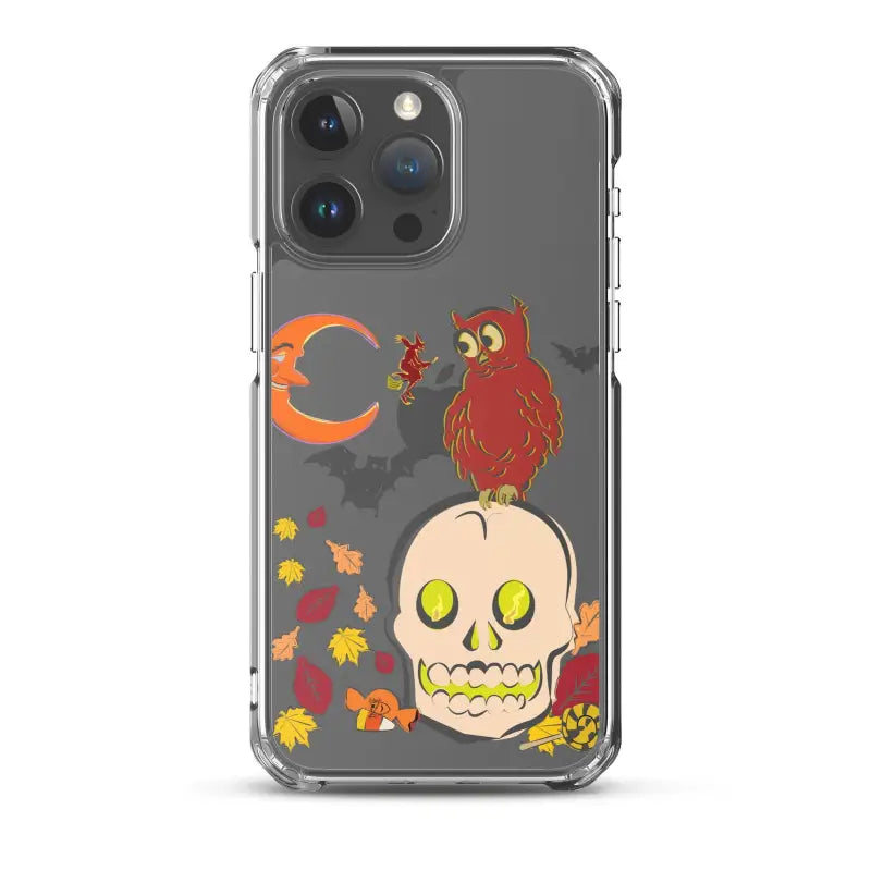 Clear phone case with Halloween artwork, featuring a cartoonish skull for Haunted Harvest