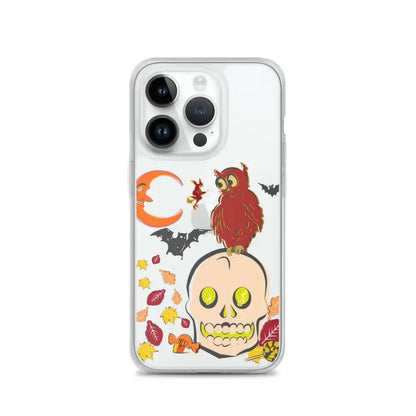 Clear phone case with Halloween skull, owl, bats, and leaves for Haunted Harvest celebrations