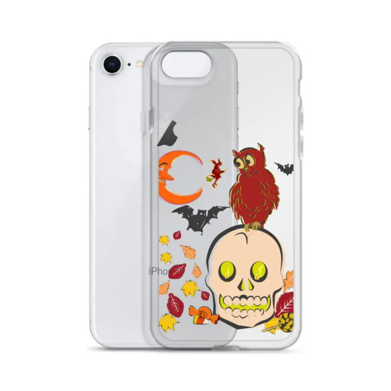 Haunted Harvest Clear Case with Halloween skull, owl, bats, and autumn leaves artwork