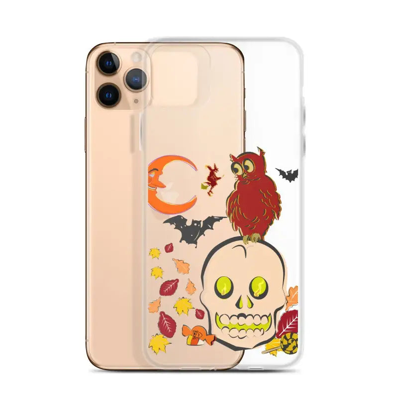 Halloween-themed clear phone case featuring a cartoonish skull for Haunted Harvest inspiration