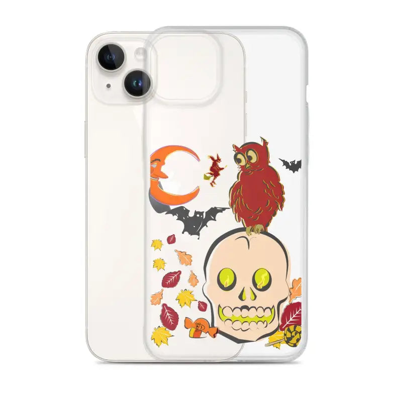 Clear phone case featuring Halloween-themed skull, owl, bats, and leaves from Haunted Harvest