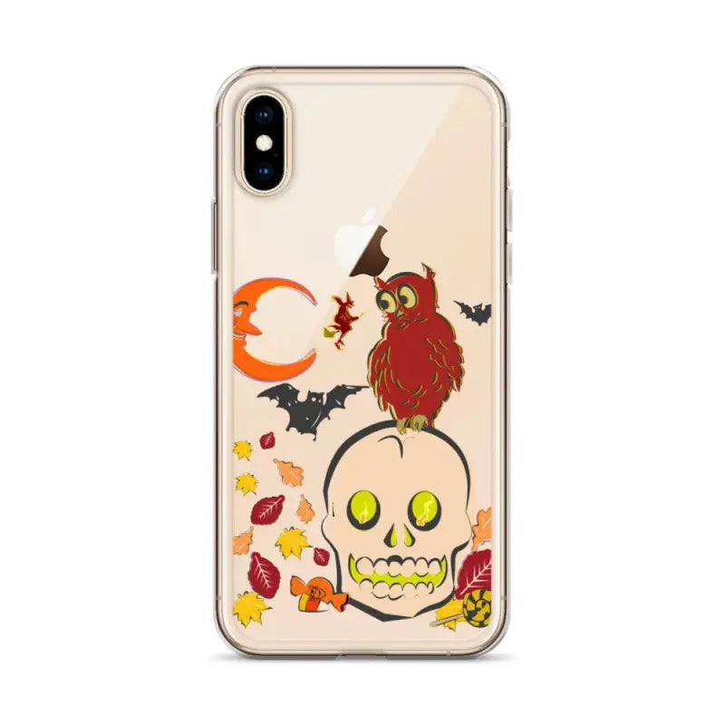 Clear phone case featuring cartoonish skull, owl, bats, and autumn leaves for Haunted Harvest