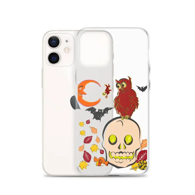 Clear Phone Case with Halloween Skull, Owl, Bats, and Leaves - Haunted Harvest Design