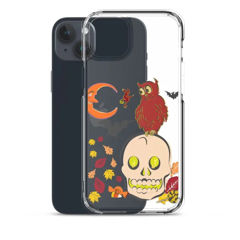 Clear phone case adorned with Halloween-themed skull, owl, moon, and autumn leaves for Haunted Harvest