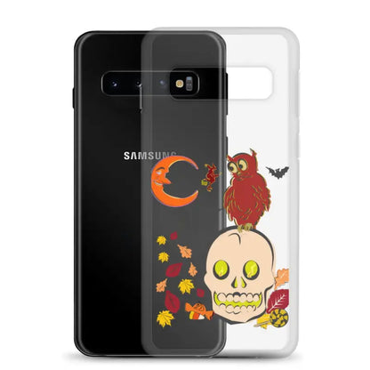 Clear phone case with Halloween skull, owl, and autumn leaves for Haunted Harvest design