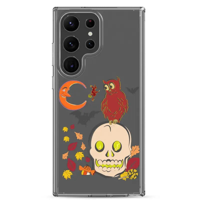 Clear phone case featuring autumn-themed Halloween decorations for Haunted Harvest Clear