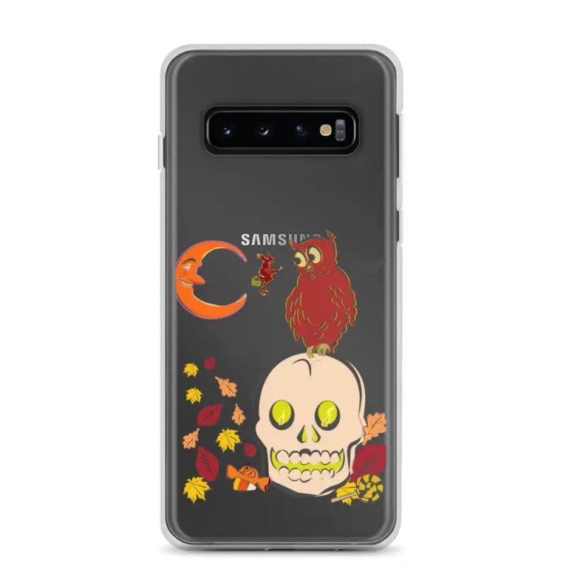 Clear phone case with Halloween design featuring a skull, owl, and leaves for Haunted Harvest