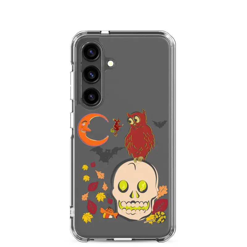 Clear Haunted Harvest phone case featuring skull, owl, moon, and autumn leaves design