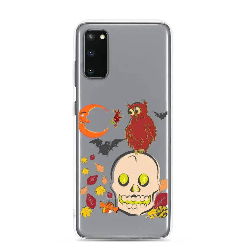 Clear phone case with Halloween skull, owl, bats, and leaves from Haunted Harvest collection