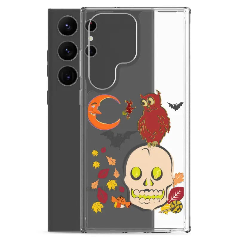 Clear phone case with Halloween skull, owl, and leaves from Haunted Harvest collection