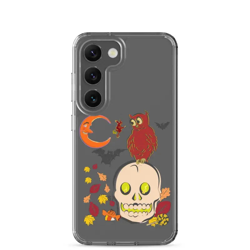 Clear phone case showcasing Halloween-themed skull, owl, moon, and leaves for Haunted Harvest