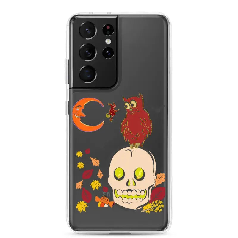 Samsung Galaxy S21 Ultra Whimsy of the Haunted Harvest Clear Case with skull, owl, and leaves