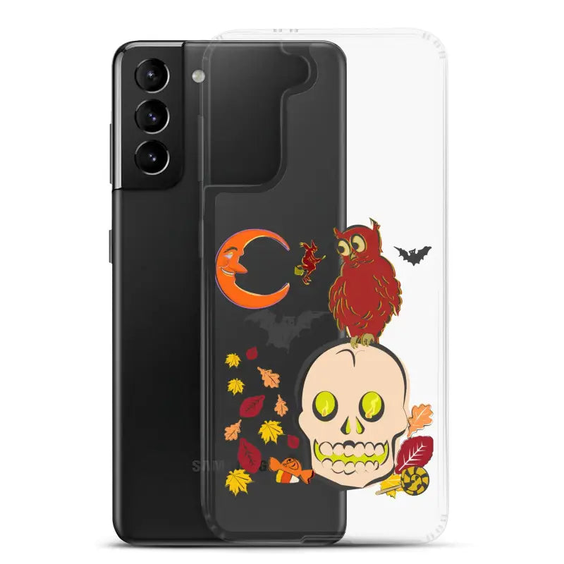 Clear phone case adorned with Halloween-themed skull, owl, moon, and leaves for Haunted Harvest